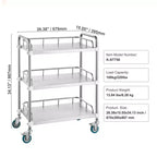 Chariot de laboratoire roulant en acier inoxydable à 3 étagères avec garde-corps et roulettes pivotantes, capacité de 100 kg, chariot médical dentaire utilitaire 66x40x86 cm