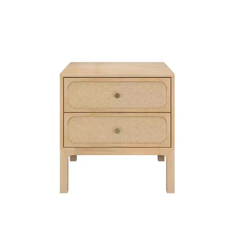Table de chevet Elio en rotin à 2 tiroirs avec bouton en laiton