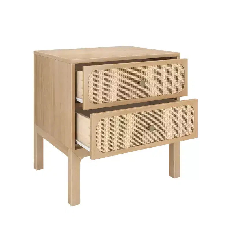 Table de chevet Elio en rotin à 2 tiroirs avec bouton en laiton