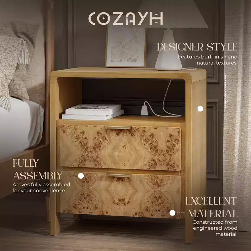 Commode de ferme COZAYH à 3 tiroirs, table de chevet rustique vintage, table d'appoint en bois pour chambre à coucher, finition burl vintage, naturelle