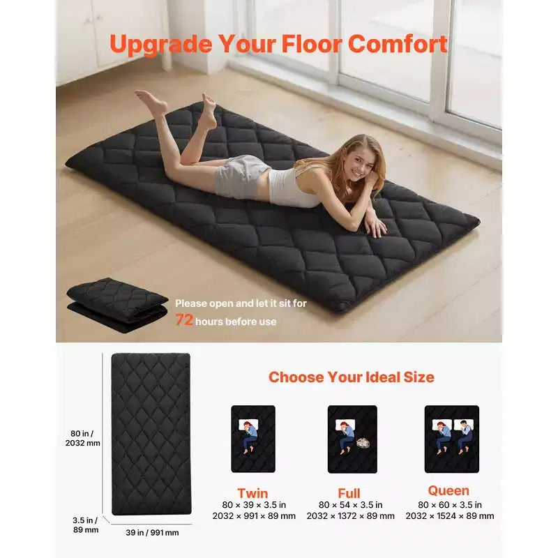 VEVOR Tapis Tatami Japonais, Matelas Tatami Japonais Pliable Taille Double, Matelas Futon avec Sac de Rangement, Tapis de Sol 9 Couches, 80 x 39 x 3,5 pouces, Noir