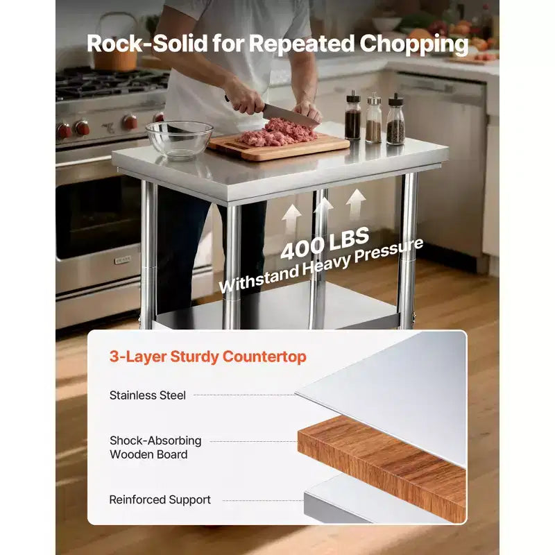 Table en acier inoxydable VEVOR, plan de travail de préparation des aliments de 61 x 76 cm avec roulettes, table de préparation de cuisine avec étagère inférieure réglable, argent