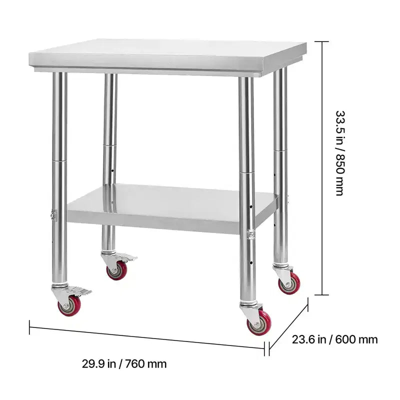 Table en acier inoxydable VEVOR, plan de travail de préparation des aliments de 61 x 76 cm avec roulettes, table de préparation de cuisine avec étagère inférieure réglable, argent