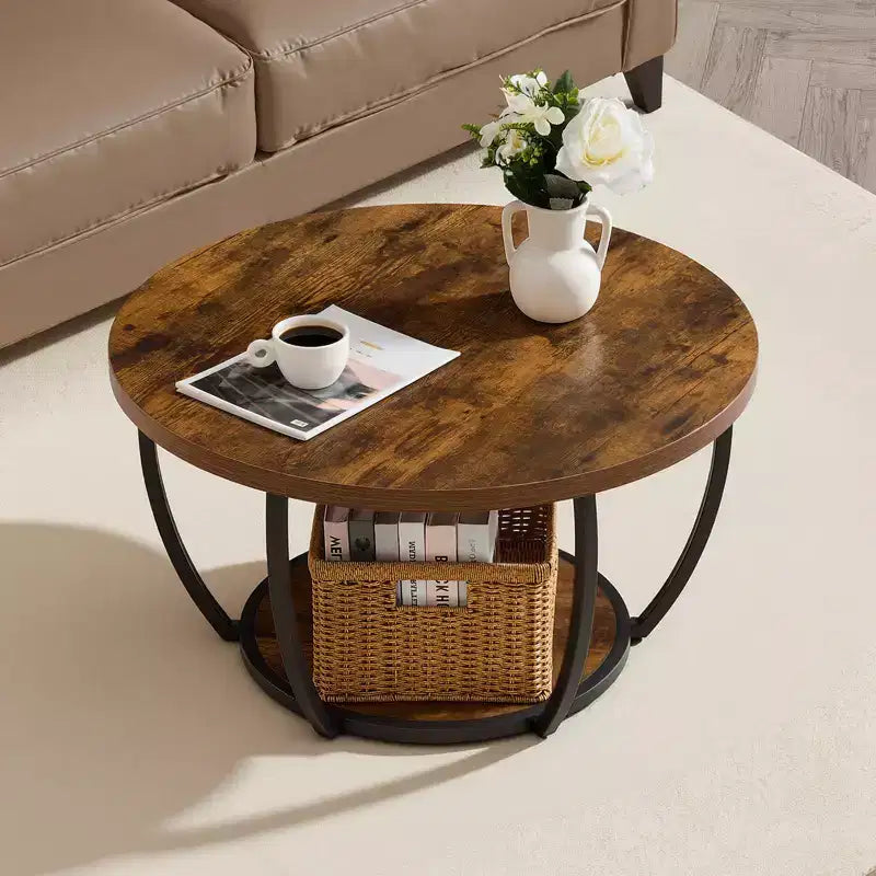 Table basse VEVOR, table basse ronde moderne, table centrale circulaire en bois à 2 niveaux avec rangement ouvert, table d'appoint à cadre métallique minimaliste, marron