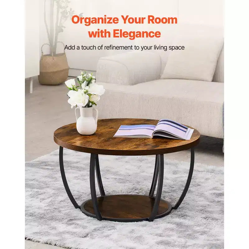 Table basse VEVOR, table basse ronde moderne, table centrale circulaire en bois à 2 niveaux avec rangement ouvert, table d'appoint à cadre métallique minimaliste, marron