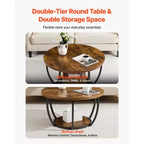 Table basse VEVOR, table basse ronde moderne, table centrale circulaire en bois à 2 niveaux avec rangement ouvert, table d'appoint à cadre métallique minimaliste, marron