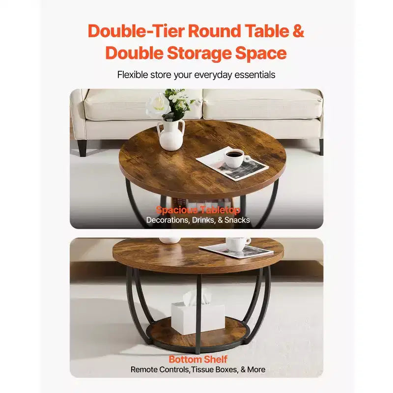 Table basse VEVOR, table basse ronde moderne, table centrale circulaire en bois à 2 niveaux avec rangement ouvert, table d'appoint à cadre métallique minimaliste, marron