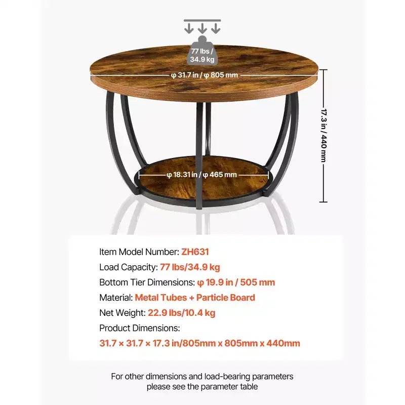 Table basse VEVOR, table basse ronde moderne, table centrale circulaire en bois à 2 niveaux avec rangement ouvert, table d'appoint à cadre métallique minimaliste, marron