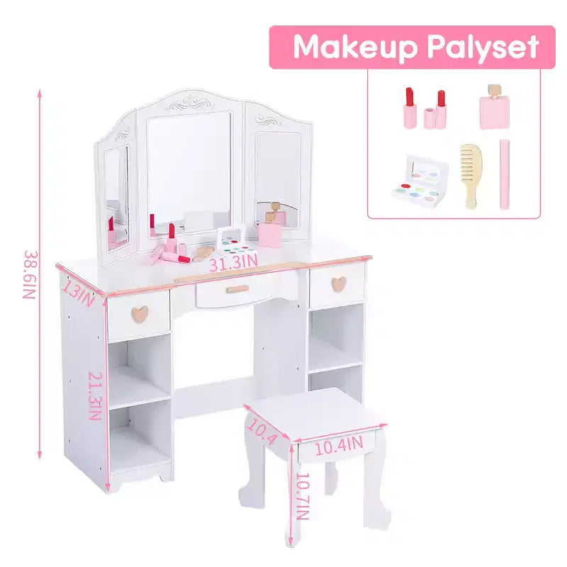 Coiffeuse pour enfants, ensemble coiffeuse et chaise princesse avec miroir, tiroir de rangement, étagères, table d'habillage en bois, ensemble de jeu de rôle pour filles