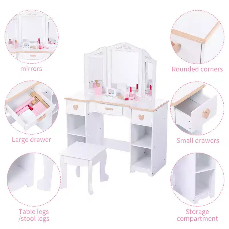 Coiffeuse pour enfants, ensemble coiffeuse et chaise princesse avec miroir, tiroir de rangement, étagères, table d'habillage en bois, ensemble de jeu de rôle pour filles