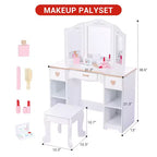Coiffeuse pour enfants, ensemble coiffeuse et chaise princesse avec miroir, tiroir de rangement, étagères, table d'habillage en bois, ensemble de jeu de rôle pour filles