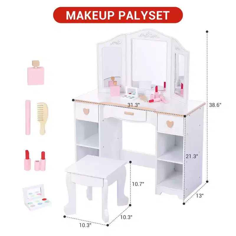 Coiffeuse pour enfants, ensemble coiffeuse et chaise princesse avec miroir, tiroir de rangement, étagères, table d'habillage en bois, ensemble de jeu de rôle pour filles