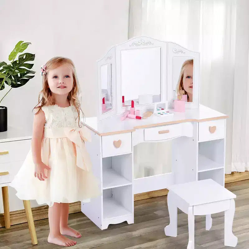 Coiffeuse pour enfants, ensemble coiffeuse et chaise princesse avec miroir, tiroir de rangement, étagères, table d'habillage en bois, ensemble de jeu de rôle pour filles