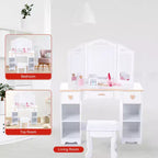 Coiffeuse pour enfants, ensemble coiffeuse et chaise princesse avec miroir, tiroir de rangement, étagères, table d'habillage en bois, ensemble de jeu de rôle pour filles
