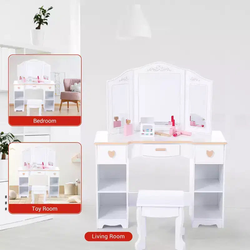 Coiffeuse pour enfants, ensemble coiffeuse et chaise princesse avec miroir, tiroir de rangement, étagères, table d'habillage en bois, ensemble de jeu de rôle pour filles