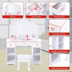 Coiffeuse pour enfants, ensemble coiffeuse et chaise princesse avec miroir, tiroir de rangement, étagères, table d'habillage en bois, ensemble de jeu de rôle pour filles
