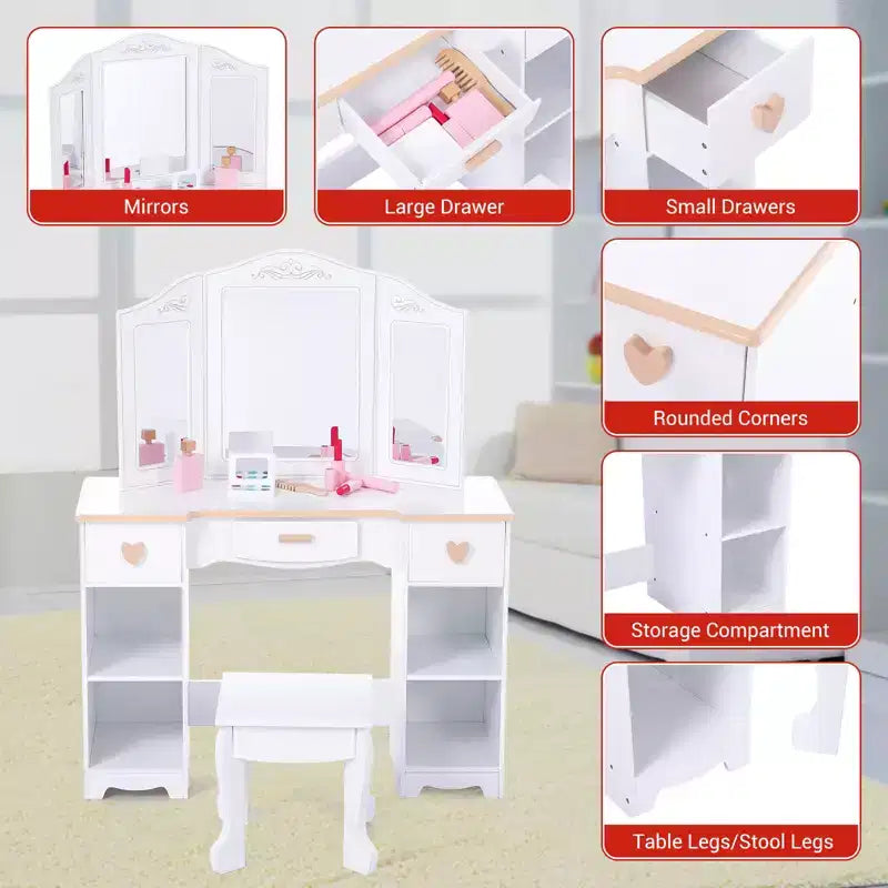 Coiffeuse pour enfants, ensemble coiffeuse et chaise princesse avec miroir, tiroir de rangement, étagères, table d'habillage en bois, ensemble de jeu de rôle pour filles