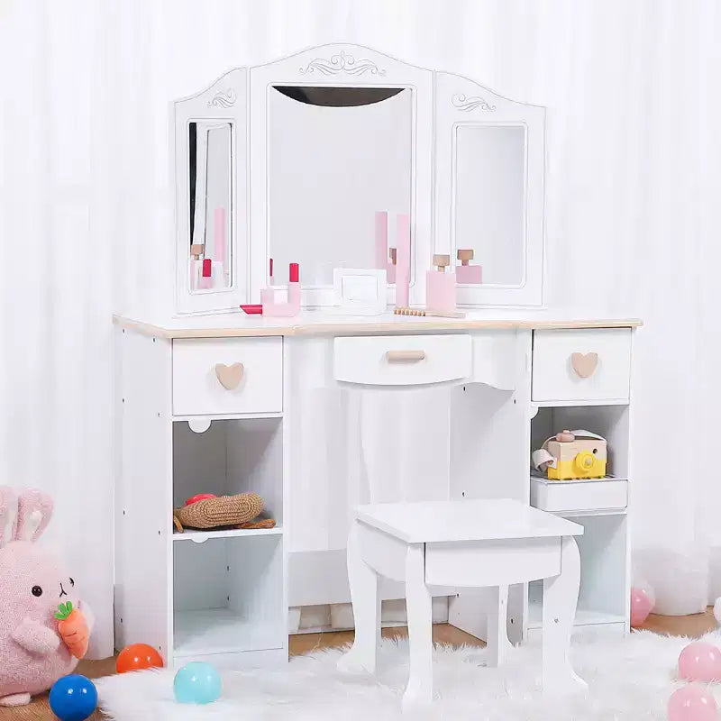 Coiffeuse pour enfants, ensemble coiffeuse et chaise princesse avec miroir, tiroir de rangement, étagères, table d'habillage en bois, ensemble de jeu de rôle pour filles