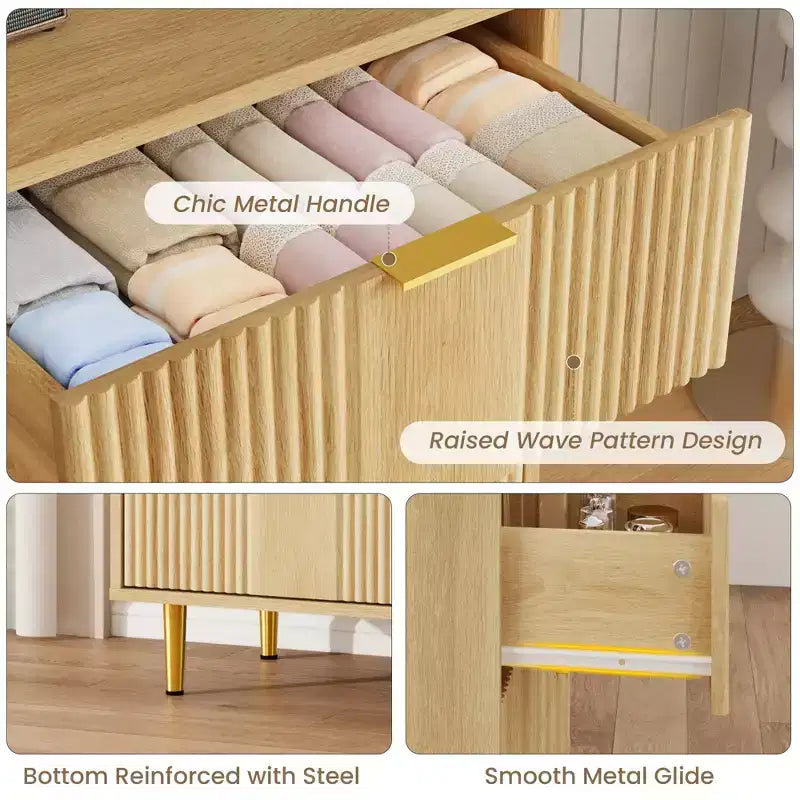 Commode à 5 tiroirs cannelés pour chambre, commode haute moderne avec grain de bois, commode verticale en bois style ferme pour placard, couloir