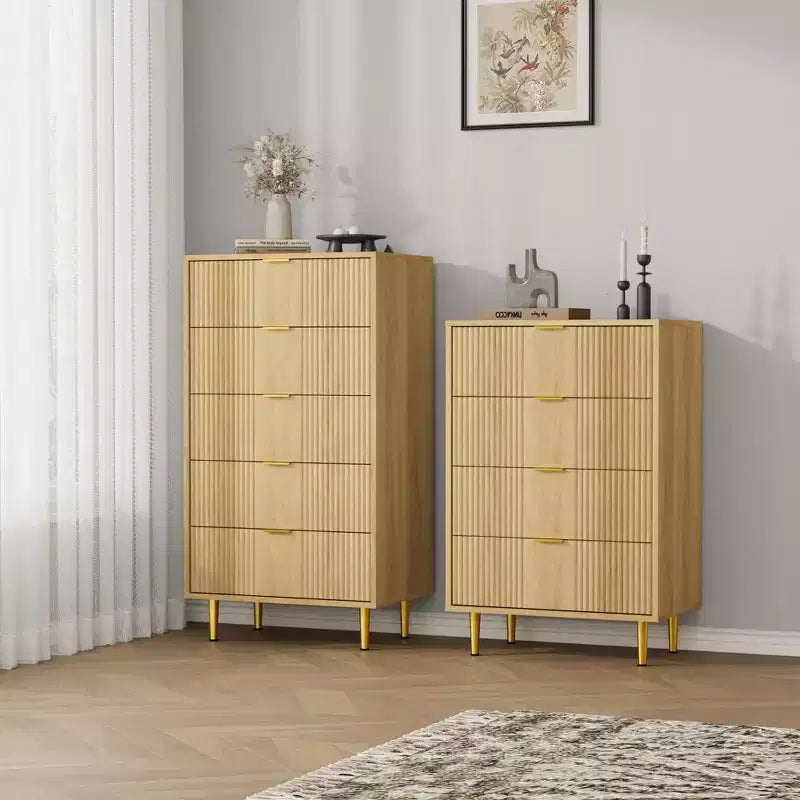 Commode à 5 tiroirs cannelés pour chambre, commode haute moderne avec grain de bois, commode verticale en bois style ferme pour placard, couloir