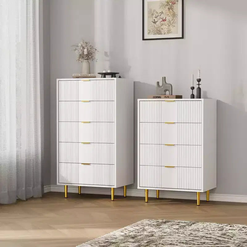Commode à 5 tiroirs cannelés pour chambre, commode haute moderne avec grain de bois, commode verticale en bois style ferme pour placard, couloir
