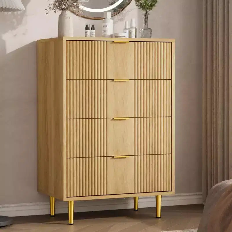 Commode à 5 tiroirs cannelés pour chambre, commode haute moderne avec grain de bois, commode verticale en bois style ferme pour placard, couloir