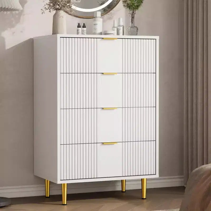 Commode à 5 tiroirs cannelés pour chambre, commode haute moderne avec grain de bois, commode verticale en bois style ferme pour placard, couloir