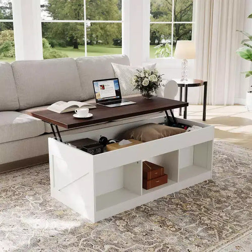 Acekool Lift Top Coffee Table with Hidden Storage, Farmhouse Accent Table for Living Room