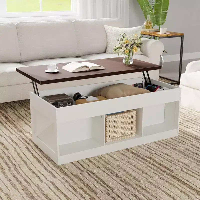 Table basse relevable Acekool avec rangement caché, Table d'appoint de style ferme pour salon