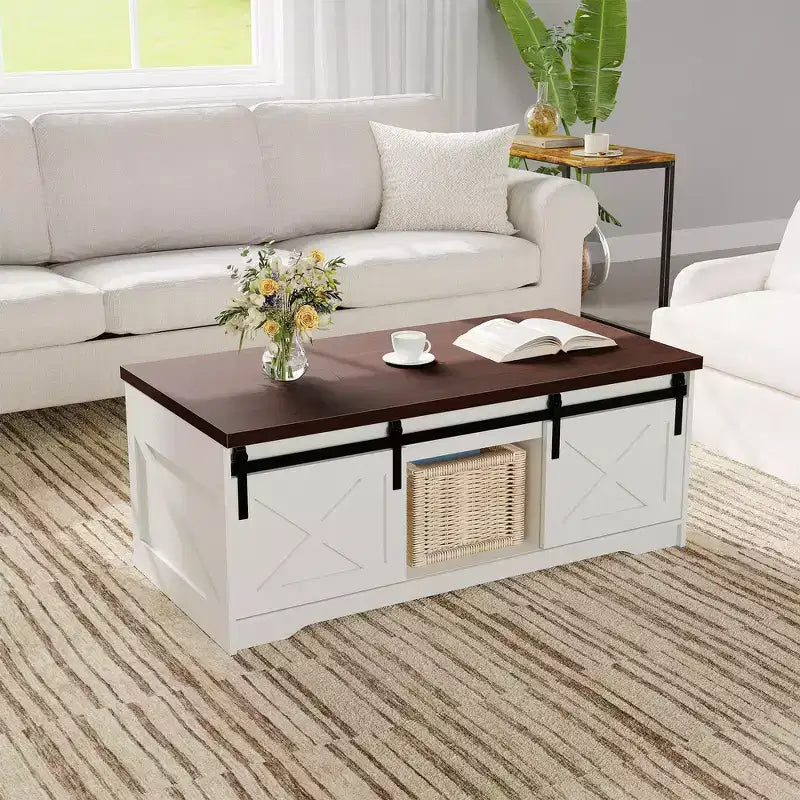 Table basse relevable Acekool avec rangement caché, Table d'appoint de style ferme pour salon