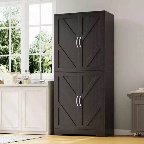 70 Tall Kitchen Pantry Cabinet with Open Shelf - 4 Door Farmhouse Storage Cabinet with Adjustable Shelves for Kitchen Dining Room