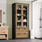Meuble de rangement de cuisine - Armoire de rangement moderne avec 2 grands tiroirs, des portes vitrées et des étagères réglables