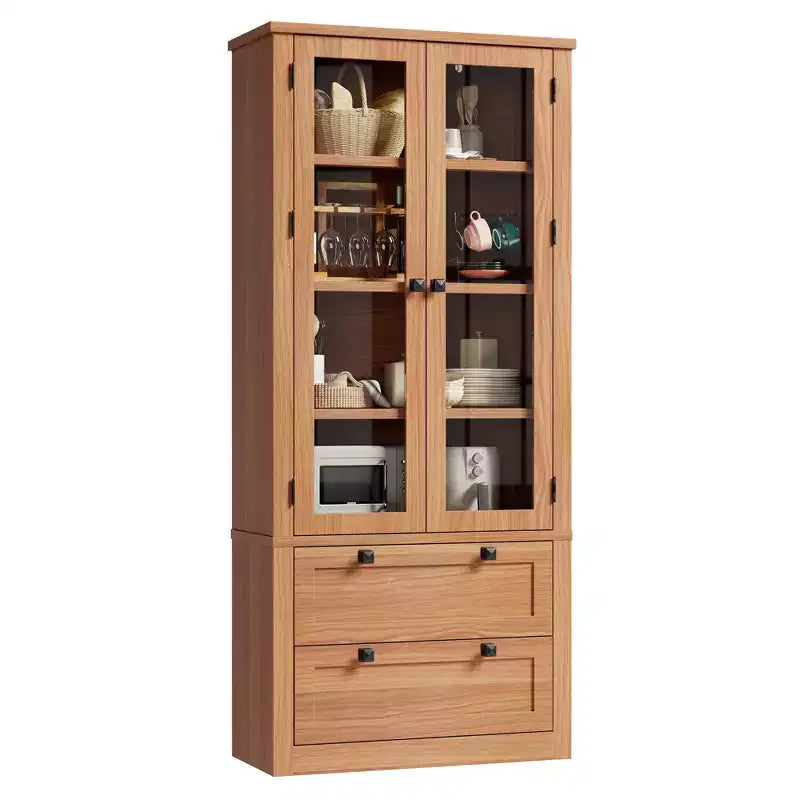 Meuble de rangement de cuisine - Armoire de rangement moderne avec 2 grands tiroirs, des portes vitrées et des étagères réglables