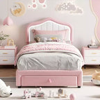 Coolmee Upholstered Bed Frame With Storage Drawer and Headboard, Princess Platform Bed Frames for Kids, Wooden Slats Support, No Box Spring Needed