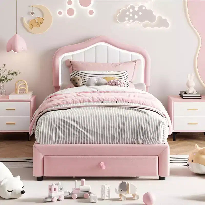 Coolmee Upholstered Bed Frame With Storage Drawer and Headboard, Princess Platform Bed Frames for Kids, Wooden Slats Support, No Box Spring Needed