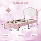 Cadre de lit rembourré Coolmee avec tiroir de rangement et tête de lit, cadres de lit plateforme princesse pour enfants, support à lattes en bois, pas besoin de sommier tapissier