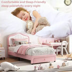 Cadre de lit rembourré Coolmee avec tiroir de rangement et tête de lit, cadres de lit plateforme princesse pour enfants, support à lattes en bois, pas besoin de sommier tapissier