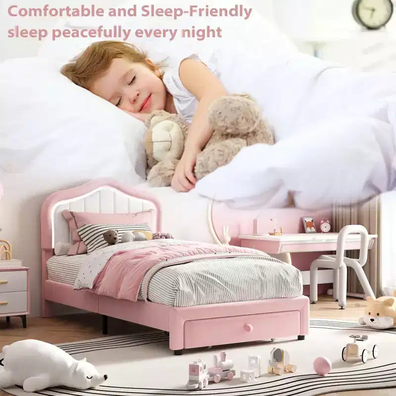 Cadre de lit rembourré Coolmee avec tiroir de rangement et tête de lit, cadres de lit plateforme princesse pour enfants, support à lattes en bois, pas besoin de sommier tapissier