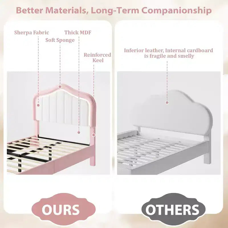 Cadre de lit rembourré Coolmee avec tiroir de rangement et tête de lit, cadres de lit plateforme princesse pour enfants, support à lattes en bois, pas besoin de sommier tapissier