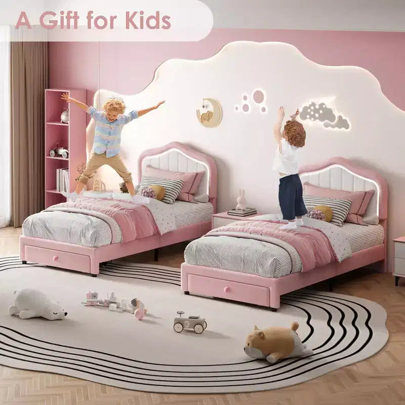 Cadre de lit rembourré Coolmee avec tiroir de rangement et tête de lit, cadres de lit plateforme princesse pour enfants, support à lattes en bois, pas besoin de sommier tapissier