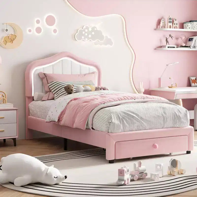 Cadre de lit rembourré Coolmee avec tiroir de rangement et tête de lit, cadres de lit plateforme princesse pour enfants, support à lattes en bois, pas besoin de sommier tapissier