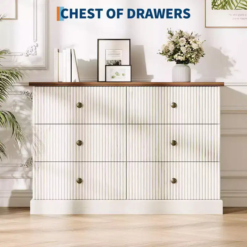 Commode, Commode à 6 tiroirs horizontaux cannelés, Organiseur de chambre en bois pour petits espaces, Rangement de vêtements