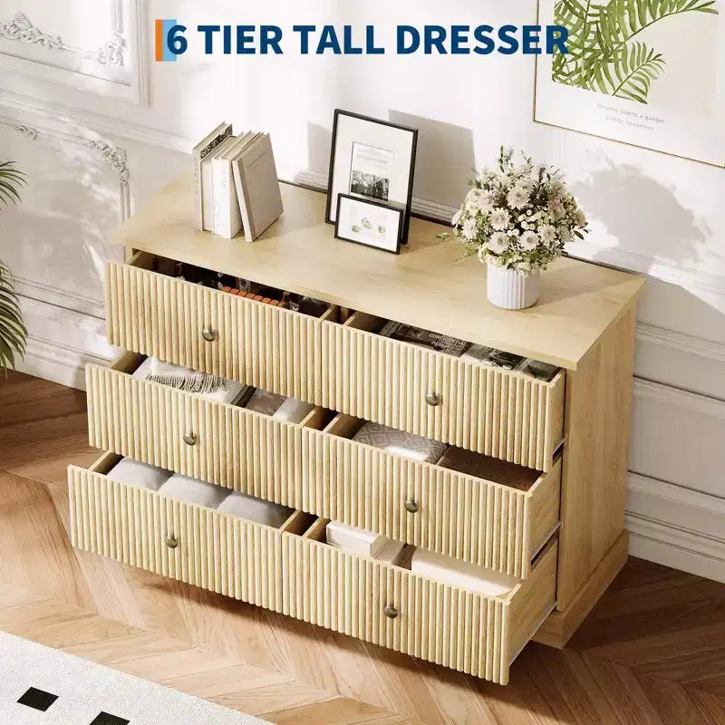 Commode, Commode à 6 tiroirs horizontaux cannelés, Organiseur de chambre en bois pour petits espaces, Rangement de vêtements