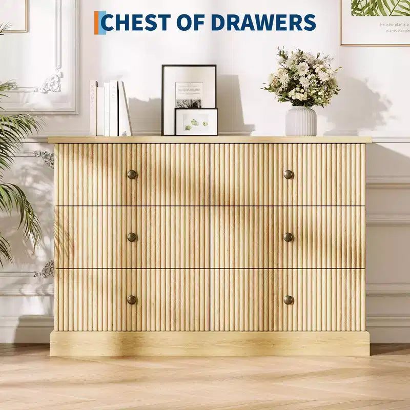 Commode, Commode à 6 tiroirs horizontaux cannelés, Organiseur de chambre en bois pour petits espaces, Rangement de vêtements