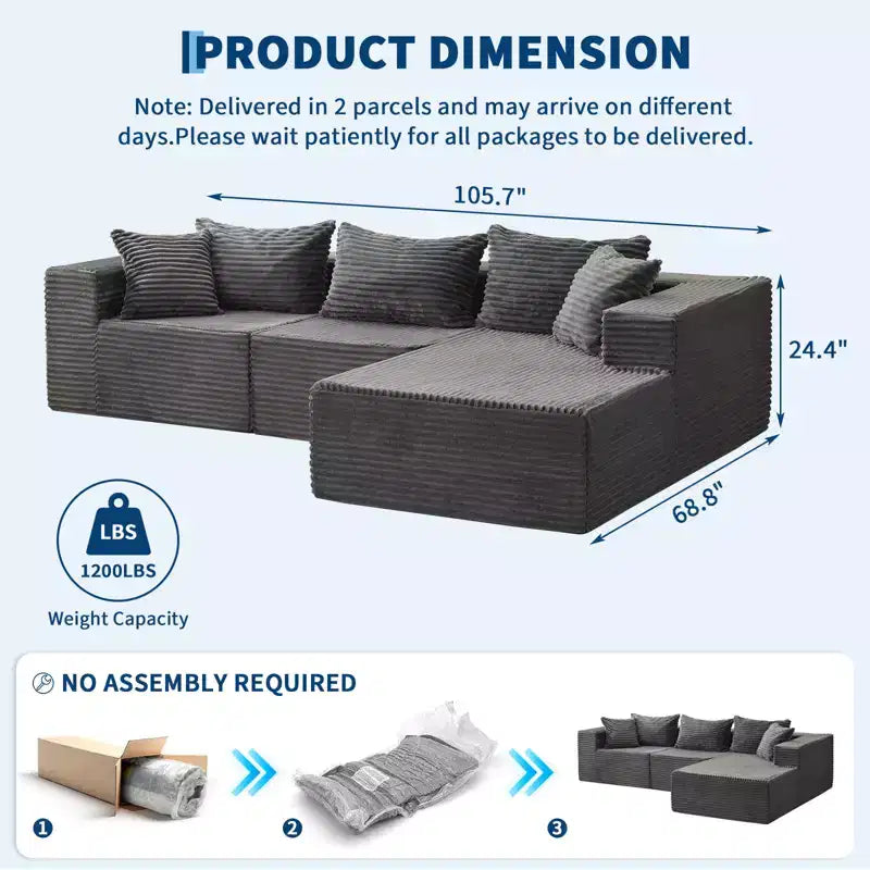 Canapé modulaire sectionnel nuage douillet et spacieux, grand canapé moelleux en forme de L de 269 cm avec méridienne, design confortable sans armature, aucun assemblage requis, pour salon moderne
