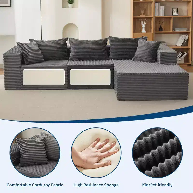 Canapé modulaire sectionnel nuage douillet et spacieux, grand canapé moelleux en forme de L de 269 cm avec méridienne, design confortable sans armature, aucun assemblage requis, pour salon moderne