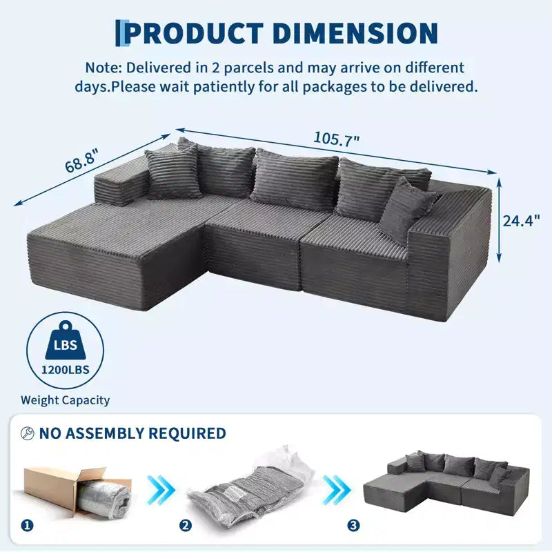 Canapé modulaire sectionnel nuage douillet et spacieux, grand canapé moelleux en forme de L de 269 cm avec méridienne, design confortable sans armature, aucun assemblage requis, pour salon moderne