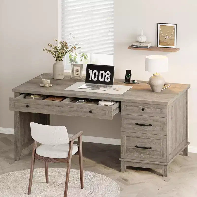 53,5'' Bureau de direction de ferme avec station de recharge, bureau d'ordinateur en bois avec tiroirs et classeur pour bureau à domicile