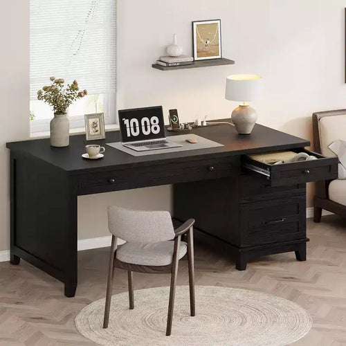 53,5'' Bureau de direction de ferme avec station de recharge, bureau d'ordinateur en bois avec tiroirs et classeur pour bureau à domicile