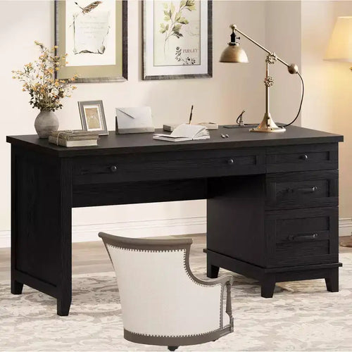 53.5 Farmhouse Executive Desk with Charging Station, Wood Computer Desk with Drawers & File Cabinet for Home Office